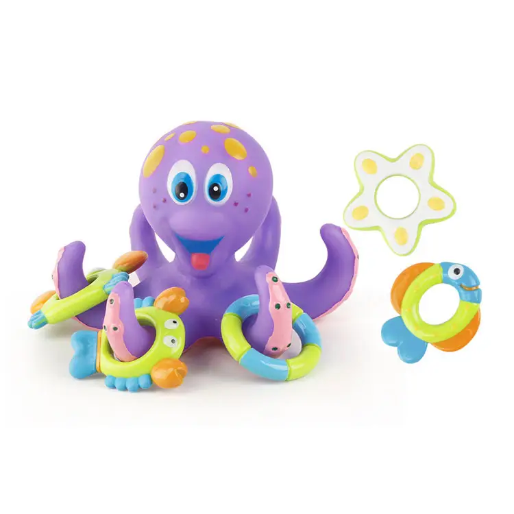 Amazon Hot Sale Floating Cute Octopus Shape Soft Sensory Bathtub Baby Bath Toy With 5 Pcs Rings
