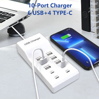 Station de charge USB 10 ports 50W, concentrateur USB-C multi-ports pour téléphone portable, tablette, plusieurs appareils, prise d'extension