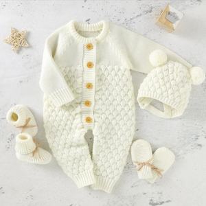 Vêtements en coton pour bébé nouveau-né personnalisés pour l'hiver, barboteuses en tricot à manches longues de couleur unie pour filles, ensemble chapeau, gants et chaussures - Product Image 4