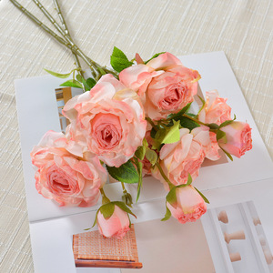 Arrangement floral artificiel en soie, Rose Fleurie, branche unique multi-têtes, bords brûlés faits main - Product Image 1