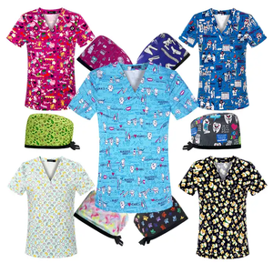 Nouveau Style à manches courtes col en v haut de gommage femmes imprimé fleuri vêtements médicaux haut noël gommage travail tissu uniforme infirmière gommage - Product Image 6