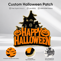 Parches Personalizados de Halloween Bordados con Lentejuelas de Castillo Espeluznante, Letras Felices, Tema Naranja, Apliques Termoadhesivos para Chaquetas y Bolsos