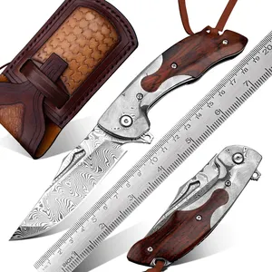 Handmade forged steel Damascus Steel Blade Rosewood Handle Leather Sheath EDC Tactical Pocket Knives Folding Knife