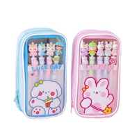 Trousse à crayons pour enfants BEYOND Cute Rabbit, grande capacité, 3 couches, transparente en PVC et PU, trousse à crayons scolaire pour filles avec poche