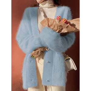 Fuzzy V Neck Button Long Sleeve Casual Winter Women's <b>Cardigan</b> Sweater Coat <b>White</b> - Product Image 3