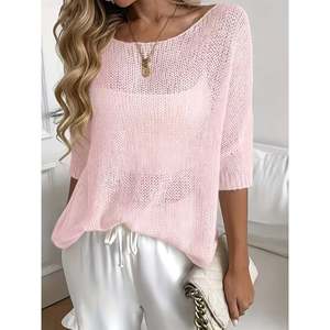 Pull en mohair rose à une épaule, manches courtes, taille S pour femme - Product Image 1