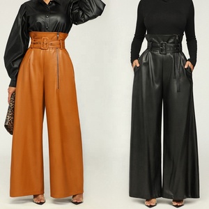 2022 elegante giallo nero con cintura a vita alta <span class=keywords><strong>pantaloni</strong></span> <span class=keywords><strong>in</strong></span> ecopelle a gambe larghe da donna - Product Image 1