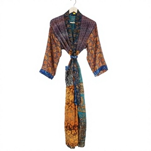 Bata de Maternidad Térmica de Seda Vintage para Mujer, Kimono de Sari Indio Reciclado con 2 Bolsillos Delanteros, Cinturón Lateral, Estilo Bohemio, Elegante, Cuello en V, para Primavera - Product Image 1