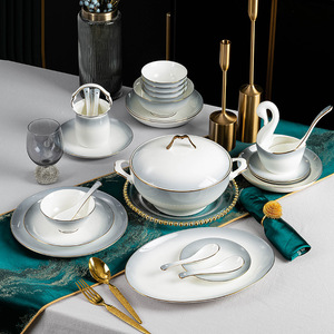 Service de table en céramique Jingdezhen, bols et assiettes en porcelaine fine, design moderne, baguettes jetables et coffret cadeau de déménagement - Product Image 1