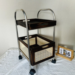 Chariot de rangement roulant en rotin et bois avec structure métallique, meuble utilitaire pour salon et station de thé - Product Image 5