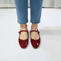 Ballerines Mary Jane en cuir verni bordeaux pour femme, avec nœud à bride unique, élégantes pour les soirées et le quotidien