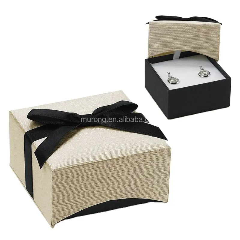 Ribbon-wrapped cream and black faux linen earring gift box