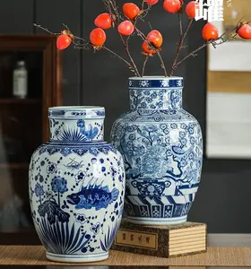 Jarrón redondo de cerámica azul y blanca para decoración del hogar, tarro de jengibre pintado de pescado, 2022