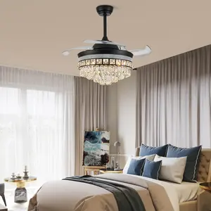 Chandelier Black Crystal Chandelier 220 Volt Dimming Ceiling Light Fan With Remote Luxury Retractable Blade Chandelier Lights