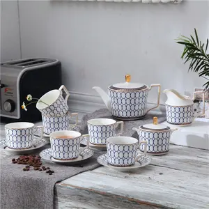 热销15件欧式蓝色环瓷咖啡茶具陶瓷杯具套装
