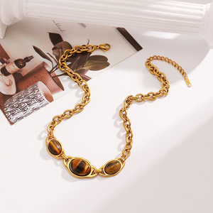 Collar de acero inoxidable con colgante de ojo de tigre, chapado en oro de 18k, diseño geométrico para mujer, joyería de fiesta. - Product Image 3