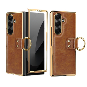 VIETAO Housse de téléphone de luxe Crazy Horse PU Leather pour Galaxy Z Fold 7 6 5 4 <span class=keywords><strong>3</strong></span> <span class=keywords><strong>2</strong></span> Finger Ring Screen Protector Electroplate Craft - Product Image 4