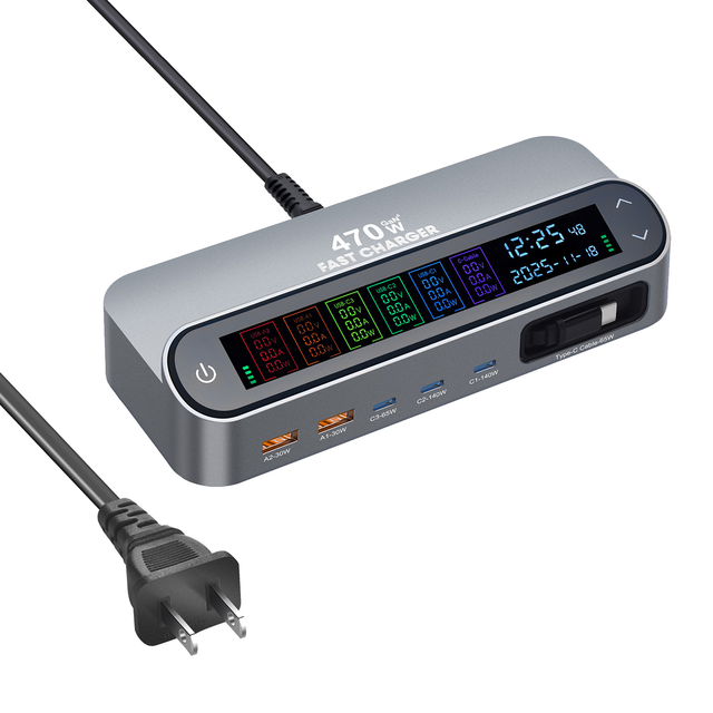 New Arrival 6-Port GaN Charger Adapter Smart 65W VOOC PD3.1 Fast Charging Station Retractable Cable LED Digital Display Clock