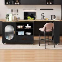 Table de bar îlot de cuisine noire avec plateau en bois, portes vitrées, étagères de rangement, tiroir, roulettes et tabourets roulants