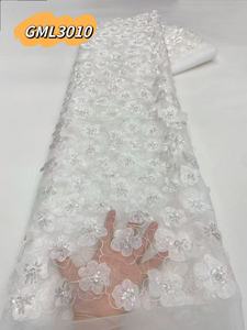Exclusivo lujo <span class=keywords><strong>africano</strong></span> <span class=keywords><strong>blanco</strong></span> hecho a mano con cuentas y lentejuelas tela de encaje 3D lentejuelas flor tul tela de encaje para novia - Product Image 2