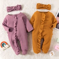 Pyjama en coton gaufré pour nouveau-né, couleur unie, barboteuse zippée à manches longues, combinaison à volants pour bébé, grenouillère avec pieds intégrés