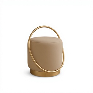Modern Round PU Leather <b>Stool</b> With Gold Metal Frame Contemporary Home Furniture Living Room <b>Ottoman</b> Soft Upholstery - Product Image 4
