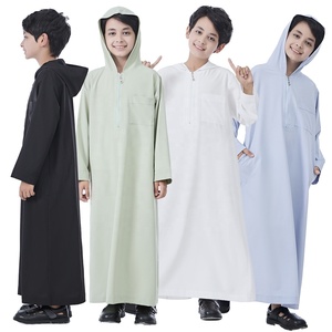 Modest Saudi Dubai musulmán niños oración <span class=keywords><strong>niño</strong></span> Sudadera con capucha Thobes Thawbs <span class=keywords><strong>cremallera</strong></span> frontal Color sólido bolsillos con capucha <span class=keywords><strong>Bata</strong></span> para niños C258 - Product Image 2