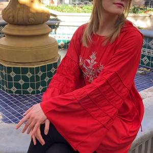 Red <b>Tunic</b> Cotton Dress With Snowflake Embroidery Round Neck Flared Sleeves Relaxed Fit And Decorative Ruffle Details For Women - Product Image 3