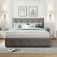 Lit plateforme Willsoon moderne gris en velours côtelé capitonné avec tiroirs de rangement et lit gigogne, écologique, durable, réglable, double