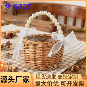 <b>Willow</b> Woven Flower <b>Basket</b> With Pearl Handle Pink Ribbon Wedding Gift <b>Basket</b> For Flower Girl Storage - Product Image 5