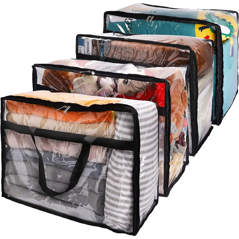 Strong Zippered Storage Bags 4pcs 60L Large Clothes Storage Organizers for Bedding Blankets with Reinforced Handle