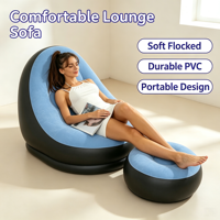Canapé gonflable moderne bleu ciel floqué, lit de repos pliable avec repose-pieds, fauteuil confortable pour usage intérieur/extérieur