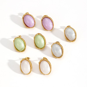 Pendientes ovalados de estilo retro a la moda con engaste de bisel para mujer, diseño geométrico, joyería de acero inoxidable - Product Image 3