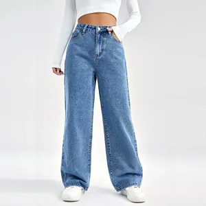 Custom Fashion Casual High Quality Cotton Blank High-Rise Straight Leg Denim Boyfriend Jeans For Women