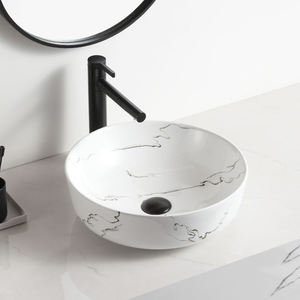 Lavabo rond en céramique à motif marbré pour salle de bain, à poser sur comptoir - Product Image 2
