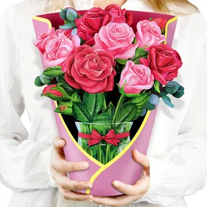 원래 디자인 창조적 인 발렌타인 데이 선물 하이 퀄리티 종이 팝업 꽃 장미 꽃다발 인사말 카드