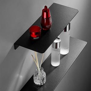 ชั้นวางแบบไม่มีสว่านแบบมีคำเดียวถาดสีดำมีช่องเก็บของอลูมิเนียมนอร์ดิกสำหรับห้องน้ำกระจกหน้าไม่มีตะปู - Product Image 1