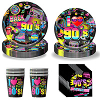 Décorations de fête d'anniversaire rétro années 90 : Bannière, guirlande, vaisselle, assiettes en carton, gobelets, serviettes, nappe, ballons