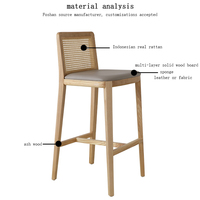 Tabouret de bar design moderne en bois massif et bambou avec dossier en rotin Chaise haute pour la maison, le salon ou l'hôtel