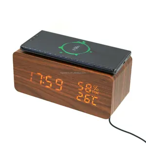 Alarm Snooze LED QI nirkabel tanggal suhu jam meja Digital Analog untuk mengirim kontrol suara DROPSHIPPING kayu] 1 buah OEM/ODM