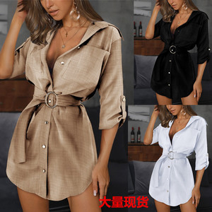 TKS Europäisch-Amerikanischer Neuer Stil Schnür-<span class=keywords><strong>Cardigan</strong></span> Einfarbiges Hemdkleid mit Umlegekragen und Taillierung für den Frühling - Product Image 3