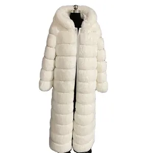 Bayanlar moda popüler uzun beyaz özelleştirilmiş boyutu beyaz kar renk moda kış kadın Faux kürk ceket kapşonlu