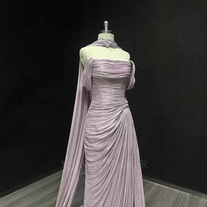 Gaun Malam Ungu Nt19 Elegan Bahan Sifon dengan Belahan dan Aplikasi, Pinggang Alami, untuk Pesta <span class=keywords><strong>Prom</strong></span>, Pernikahan, Tamu, Acara Formal - Product Image 3