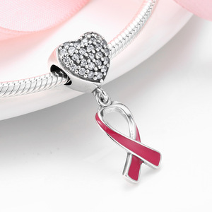 JKC Amazon Hot Sale Pflege geschenk für Frauen Schmuck Platin DIY Handmade Pink Ribbon S925 Silber Anhänger Charms Fit für Armband - Product Image 3