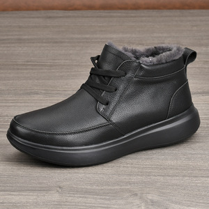 Bottes d'hiver en cuir véritable pour homme, style Martin, à bout rond, doublure en fourrure, lacets, semelle extérieure en caoutchouc, isolantes, chaussures décontractées - Product Image 2