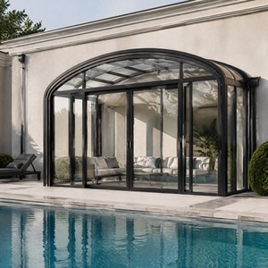 Véranda moderne <span class=keywords><strong>de</strong></span> luxe personnalisée en alliage d'aluminium noir avec toit arqué et porte coulissante pour <span class=keywords><strong>piscine</strong></span> - Product Image 1