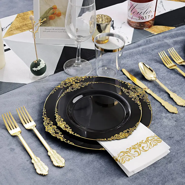 Diskon besar Ramadan dekorasi pernikahan terbaru piring pengisi daya bulat piring emas plastik