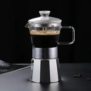 Hot Koop 3 Cups Crystal Glas Top Gasfornuis Espresso Mokka Pot Moka Pot Aluminium Basis Handleiding Moka Koffiezetapparaat