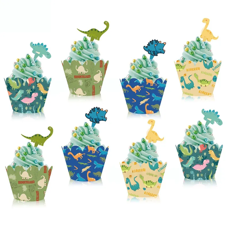 Best selling Jungle Theme Cartoon Dinosaur Cake Decorative Cake Cup Cake Toppers For Kids Birthday Party Decoration Supplies