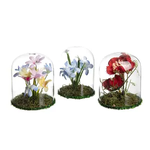 Cúpula de vidro para decoração de árvores rosas, nova tendência, terrário de vidro com base de madeira para decoração de festas